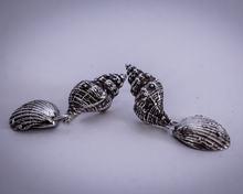 Load image into Gallery viewer, silver clam and spiral shell sea theme earrings
