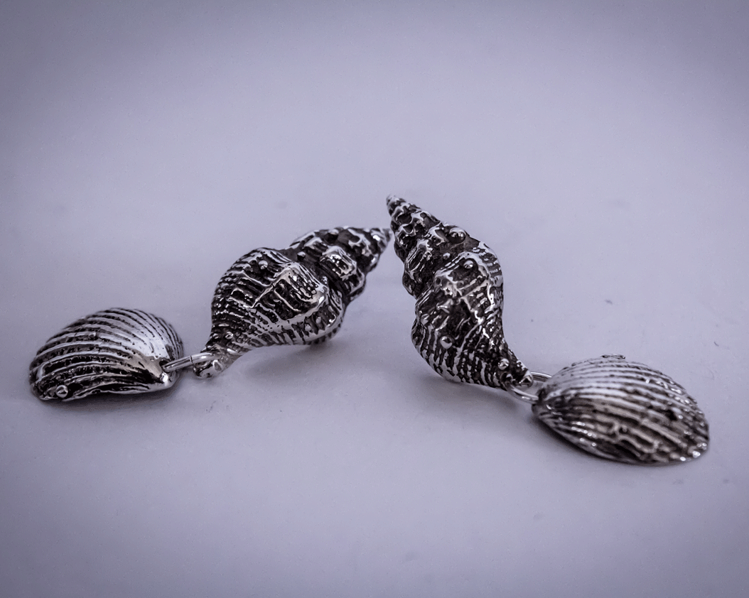 silver clam and spiral shell sea theme earrings