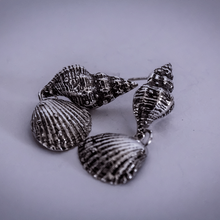 Load image into Gallery viewer, silver clam and spiral shell sea theme earrings

