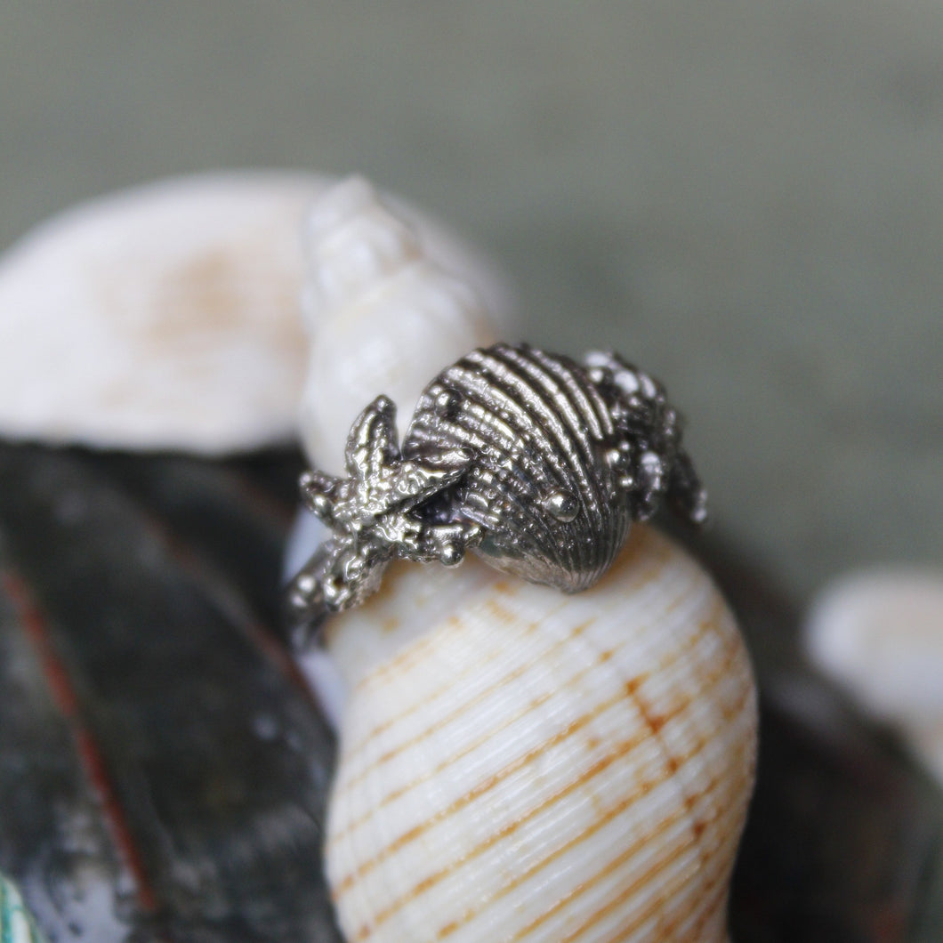 silver hand crafted shell and star fish ring